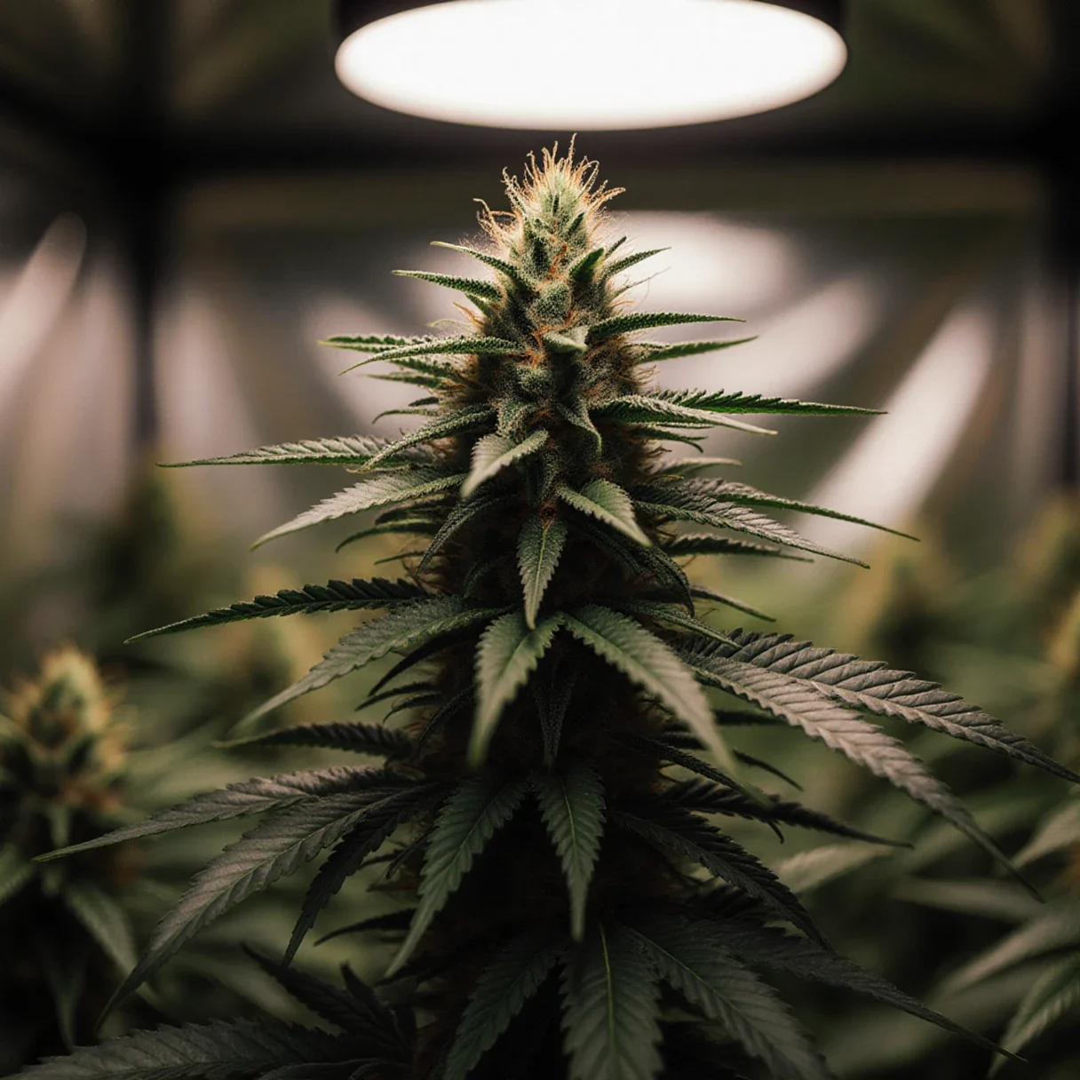 Mature autoflowering cannabis plant in a grow tent under an LED light at the end of flowering