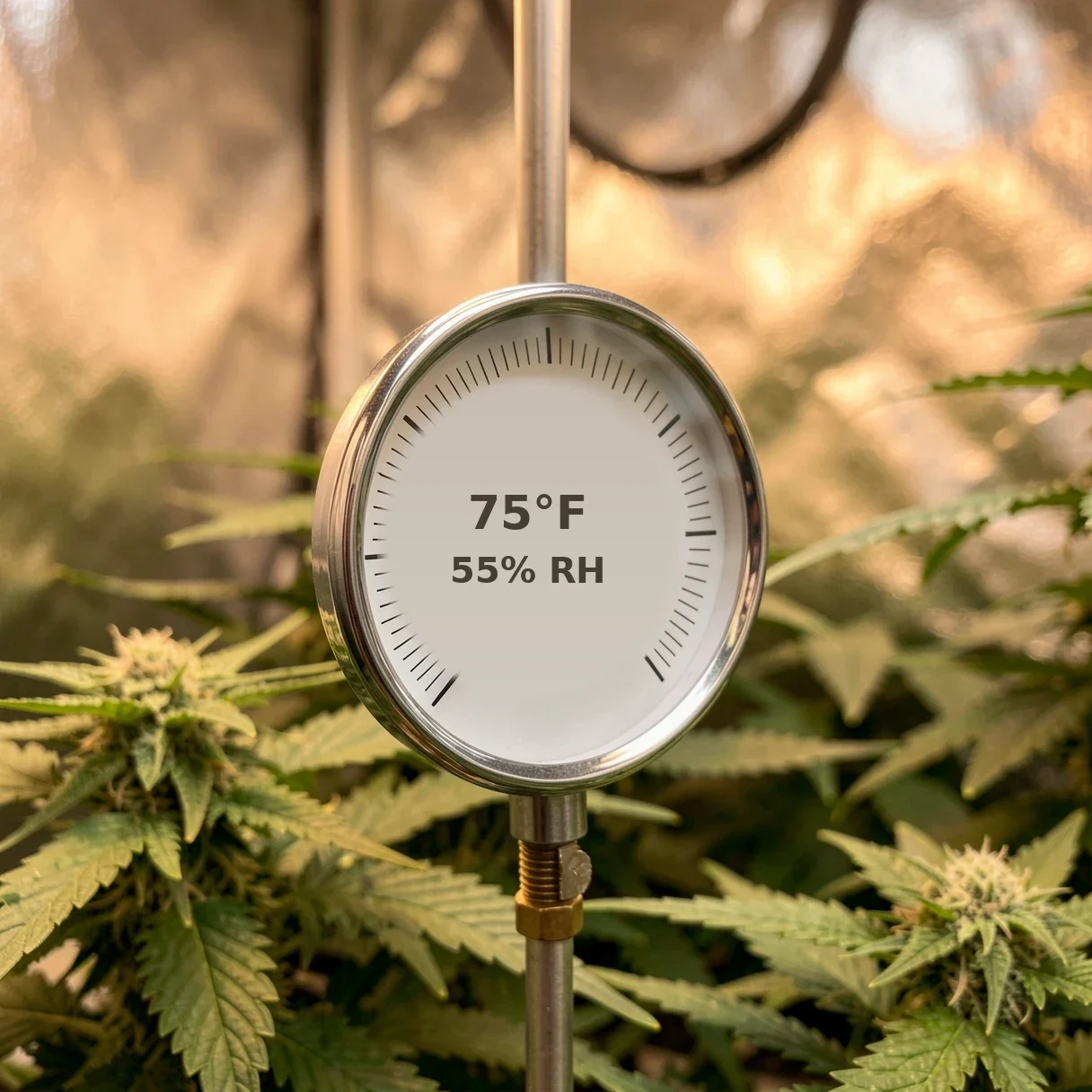 Thermometer and hygrometer clipped at canopy height inside a cannabis grow tent