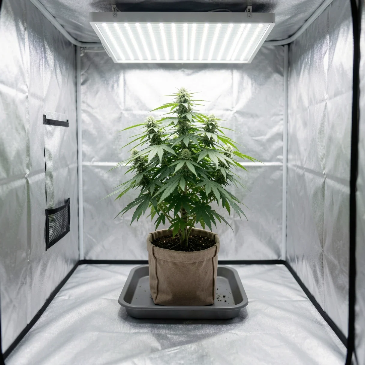 Compact 2x2 cannabis grow tent with a single plant and room to work around it