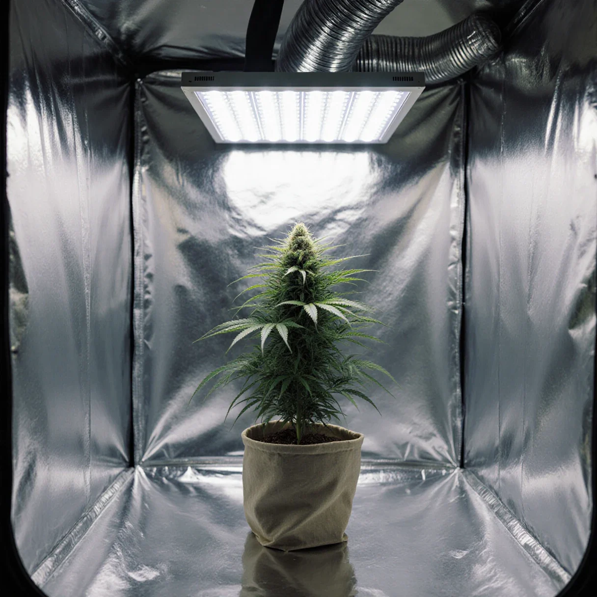 A short bushy autoflowering cannabis plant under an LED panel with clear headroom above it in a grow tent