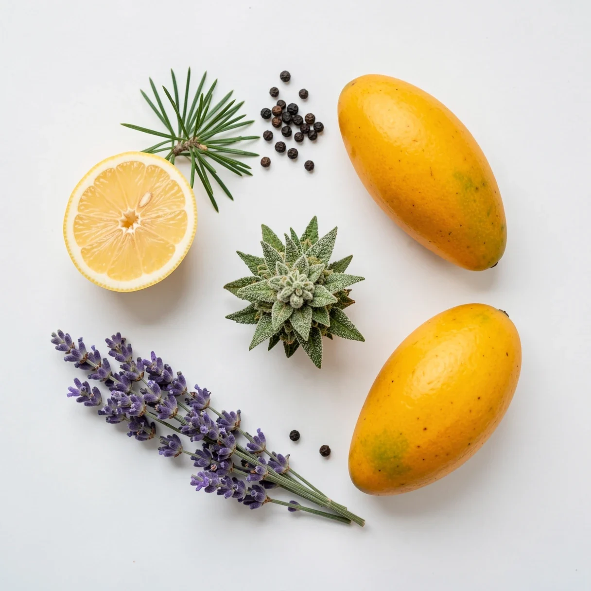 Foods that share terpenes with cannabis — lemon, pine sprig, black peppercorns, lavender, and mango
