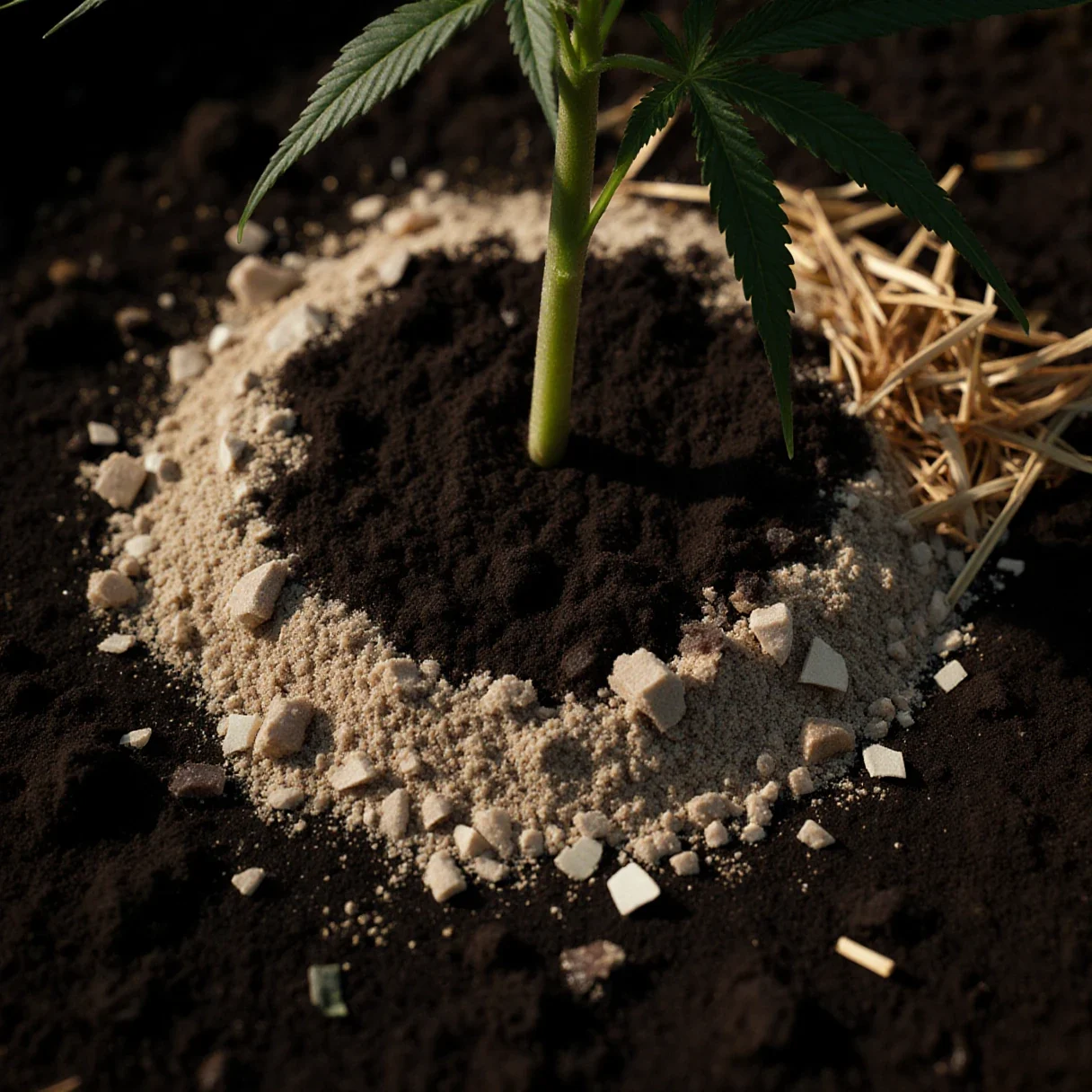 Dry organic amendment granules spread in a ring on the surface of a living soil cannabis bed