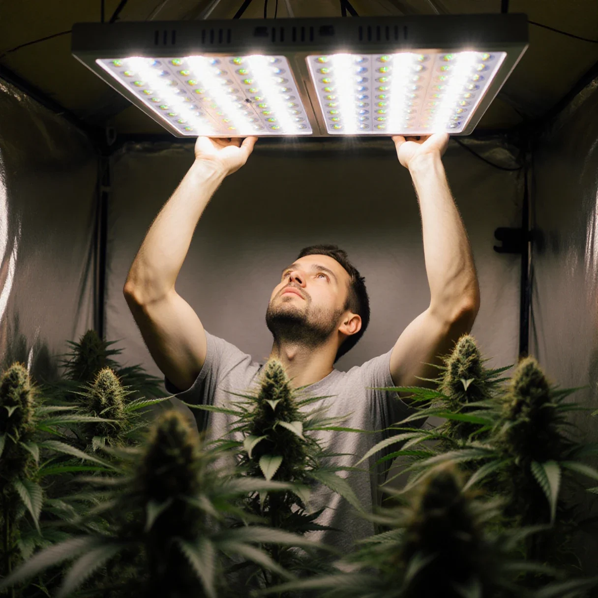 A grower adjusting a grow light above a wide flat cannabis canopy — the biggest lever on what high yield cannabis strains actually produce