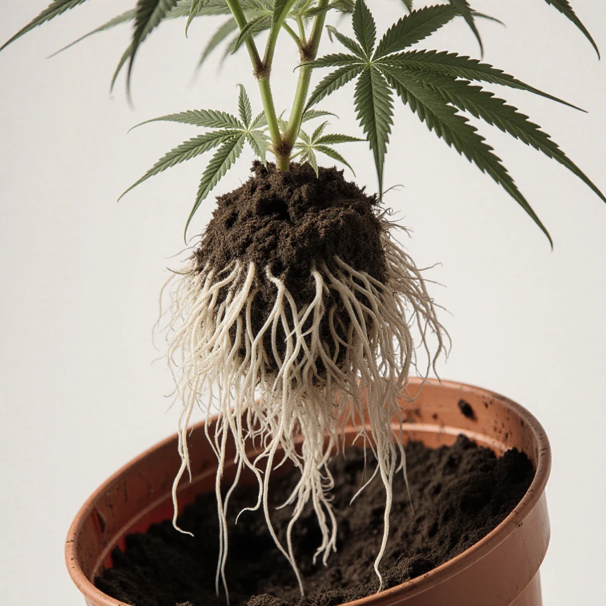 A cannabis plant lifted out of its pot with white roots showing, ready to transplant into a larger container