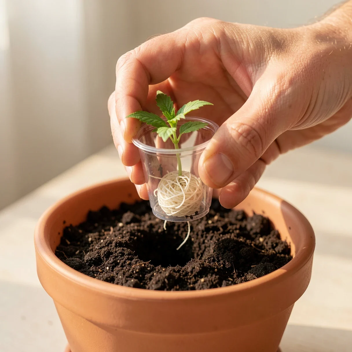 Hands transplanting a young cannabis seedling with white roots from a starter cup into a larger pot of soil