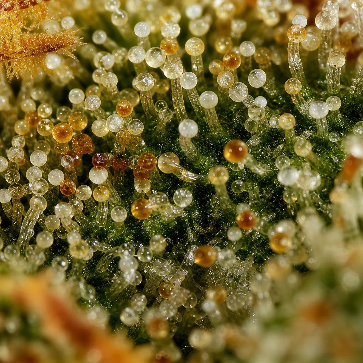 Glandular trichomes on a cannabis leaf under high magnification, the resin heads that hold terpene oil