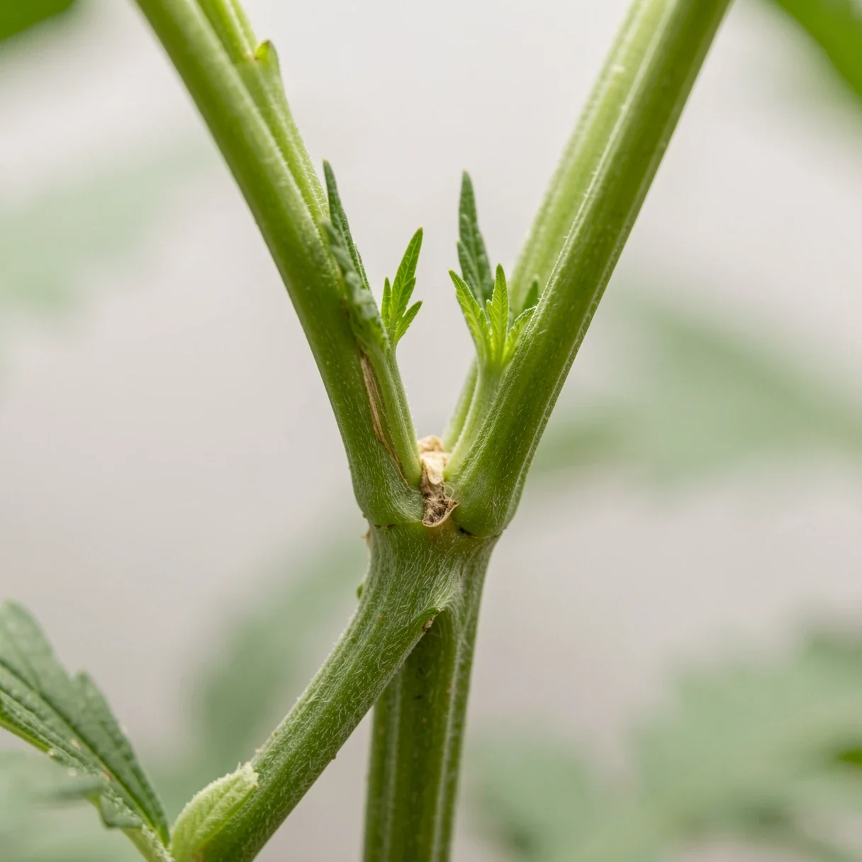 Two new main shoots growing from a cannabis stem a week after topping
