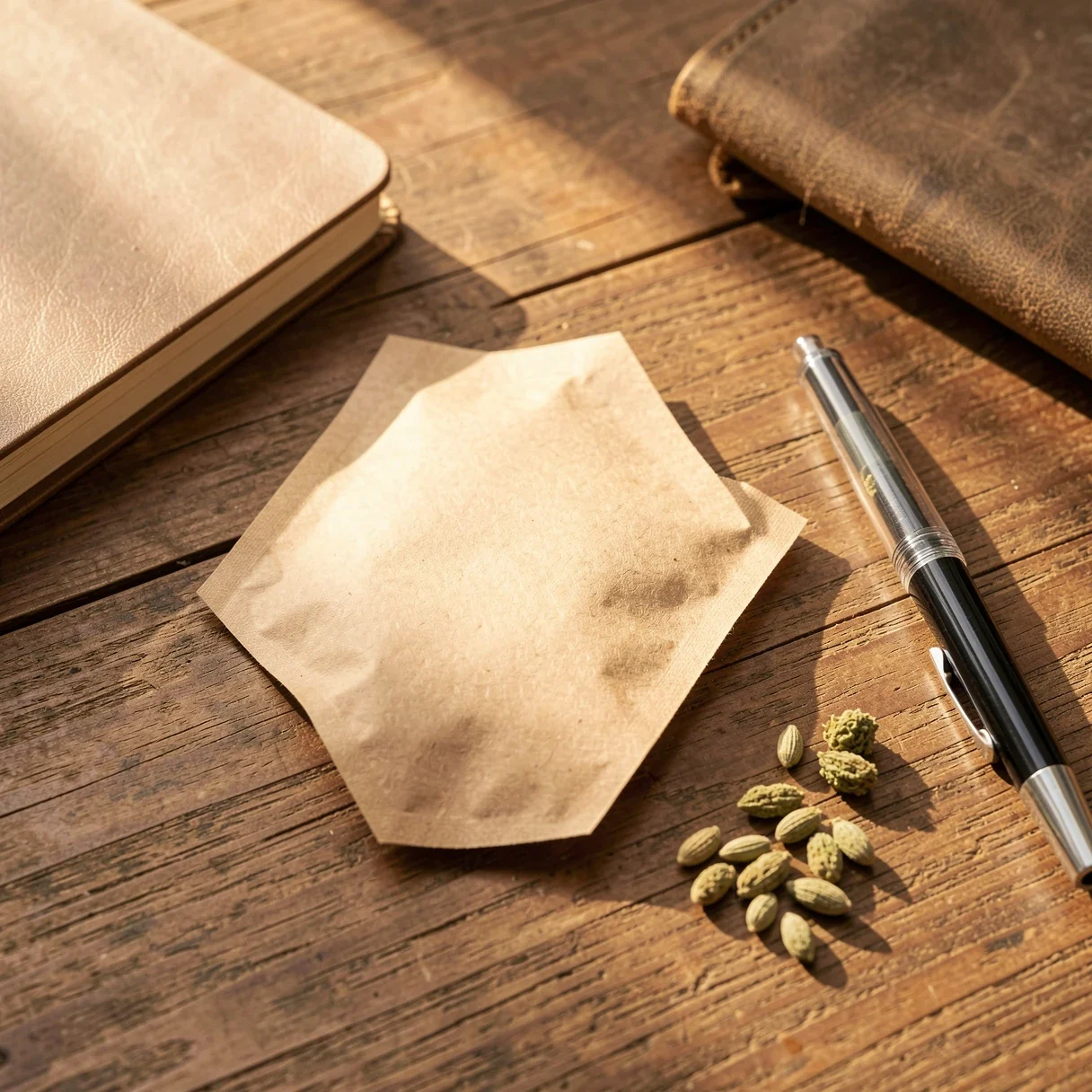A Lighthouse Genetics cannabis seed pack on a table next to a notebook with grow plans