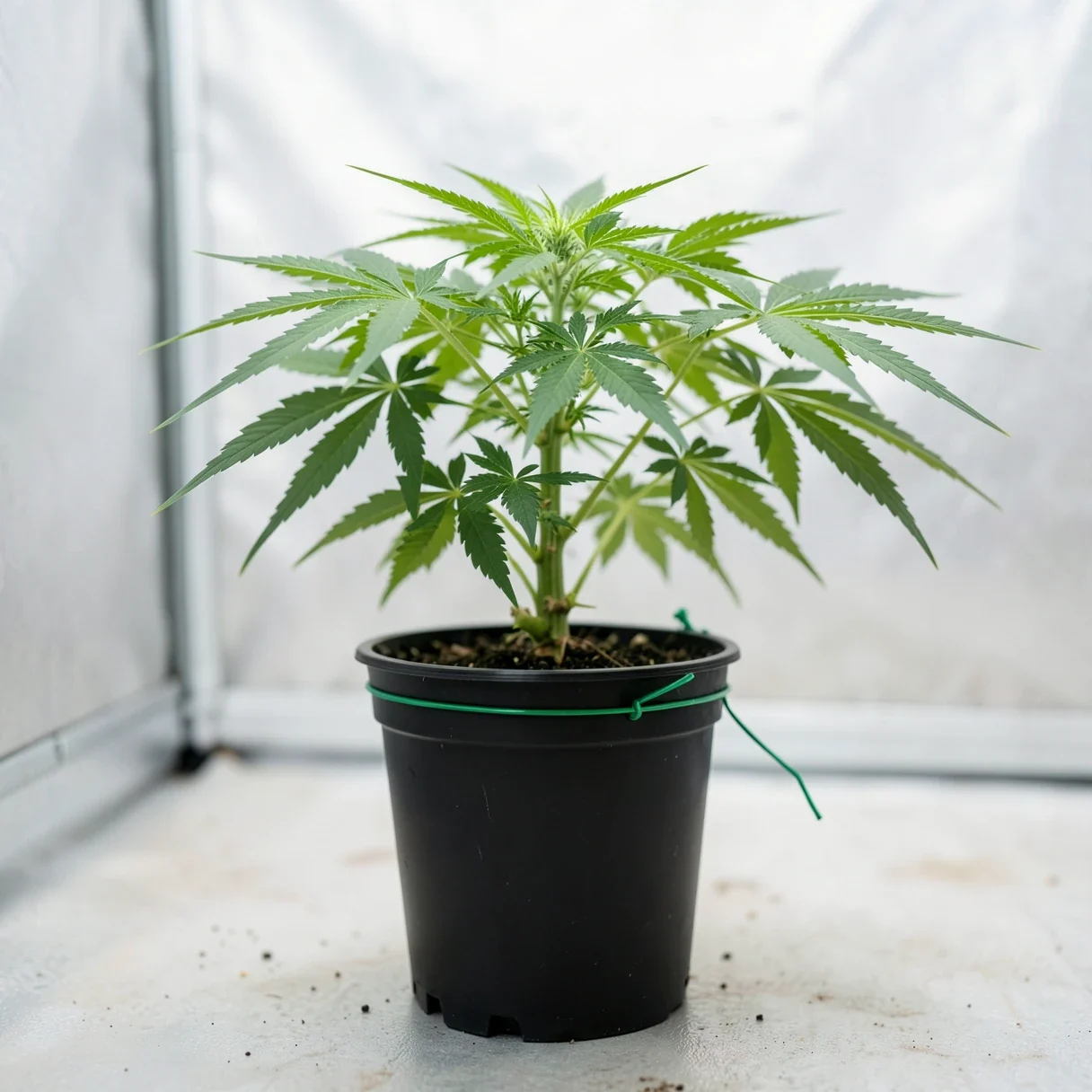 A young cannabis plant in the vegetative stage, all fan leaves and no buds, in a pot inside a grow tent