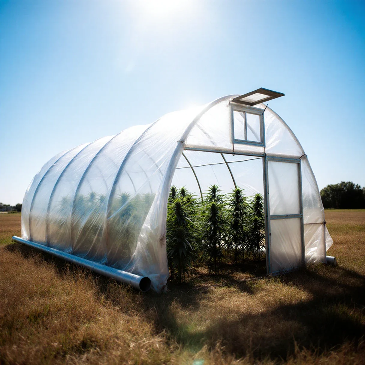 Hoop house greenhouse on a hot summer day with its end door and a high end-wall vent propped open