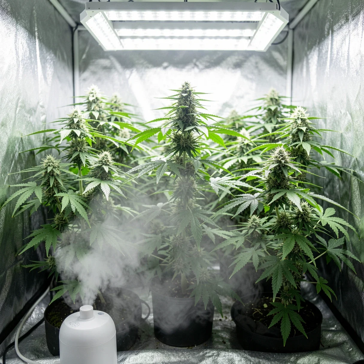 VPD for cannabis — healthy plants in a climate-controlled grow tent with a cool-mist humidifier releasing vapor