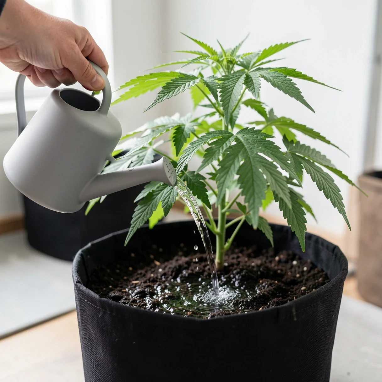 Watering cannabis plants — a grower pouring water into a fabric pot holding a healthy young cannabis plant
