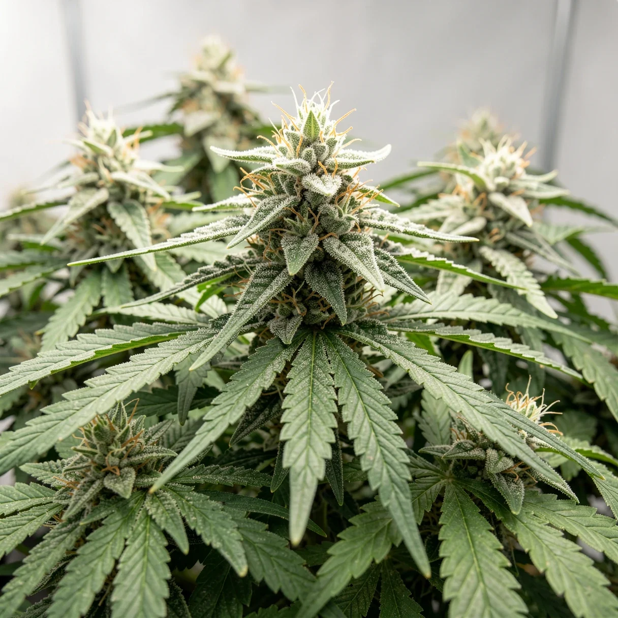 A flowering cannabis plant with a full canopy of dense frosty buds in late flower