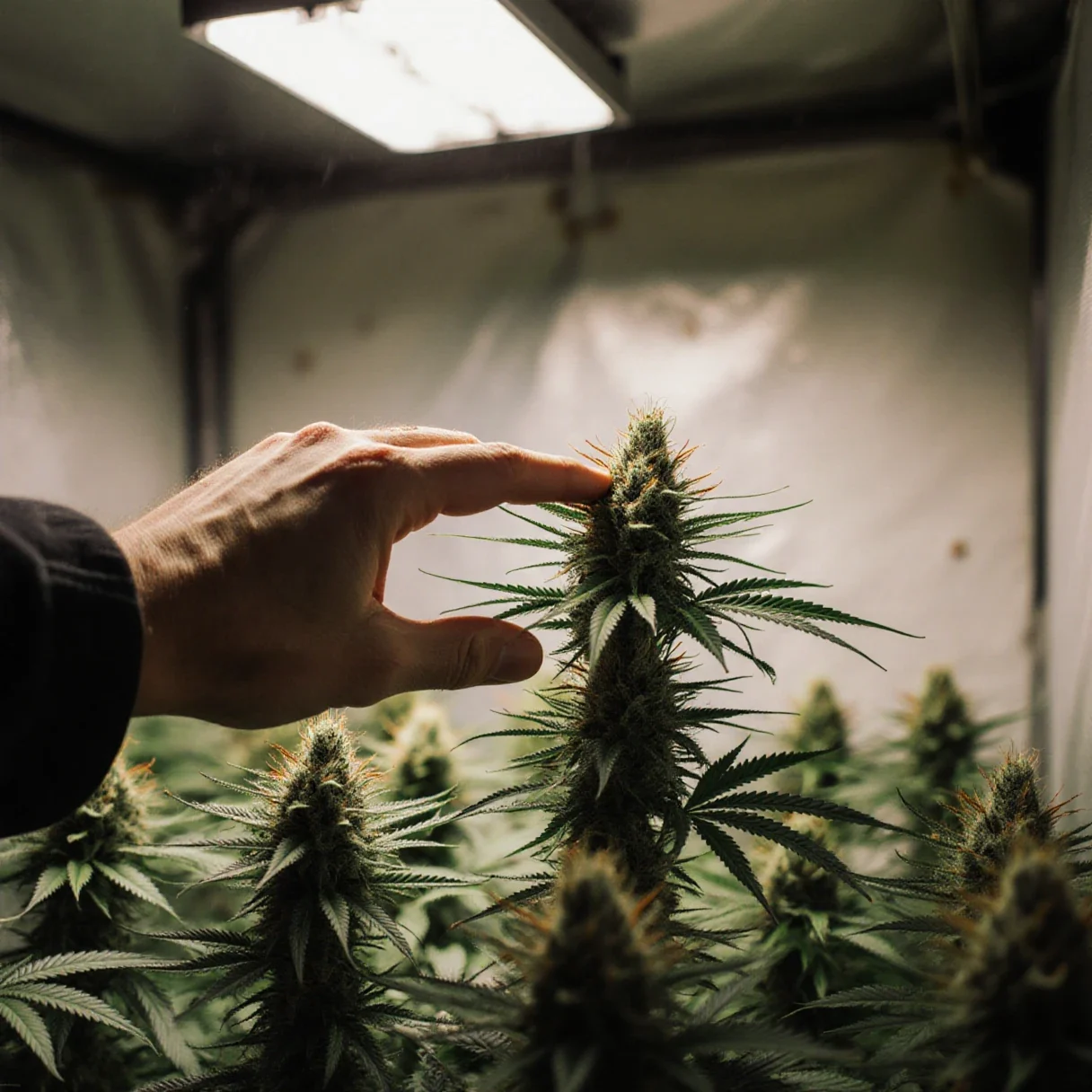 An even cannabis canopy at the end of the cannabis flowering stretch, with a grower checking the height of the tallest top