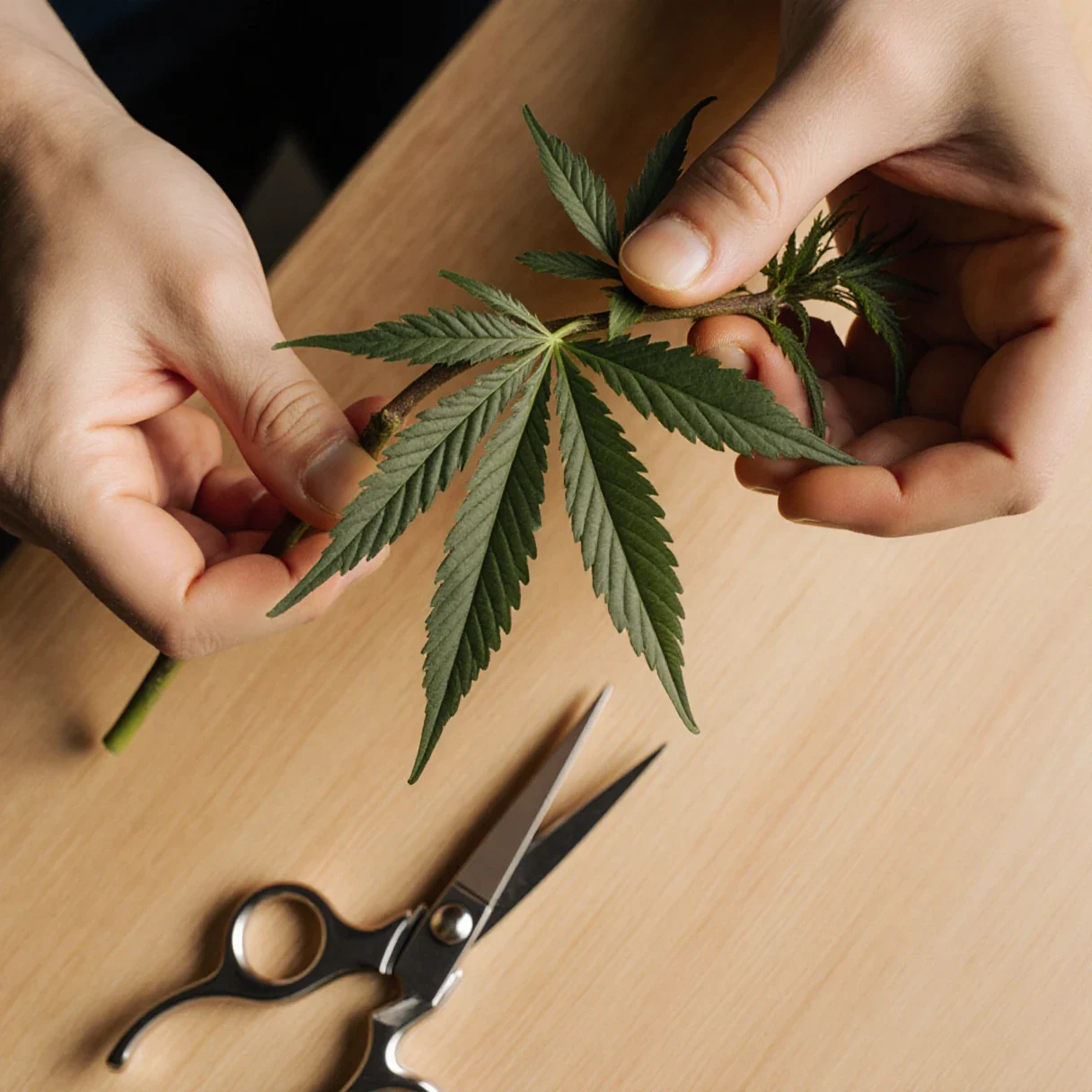Hands stripping a fan leaf from a freshly cut cannabis branch during a wet trim